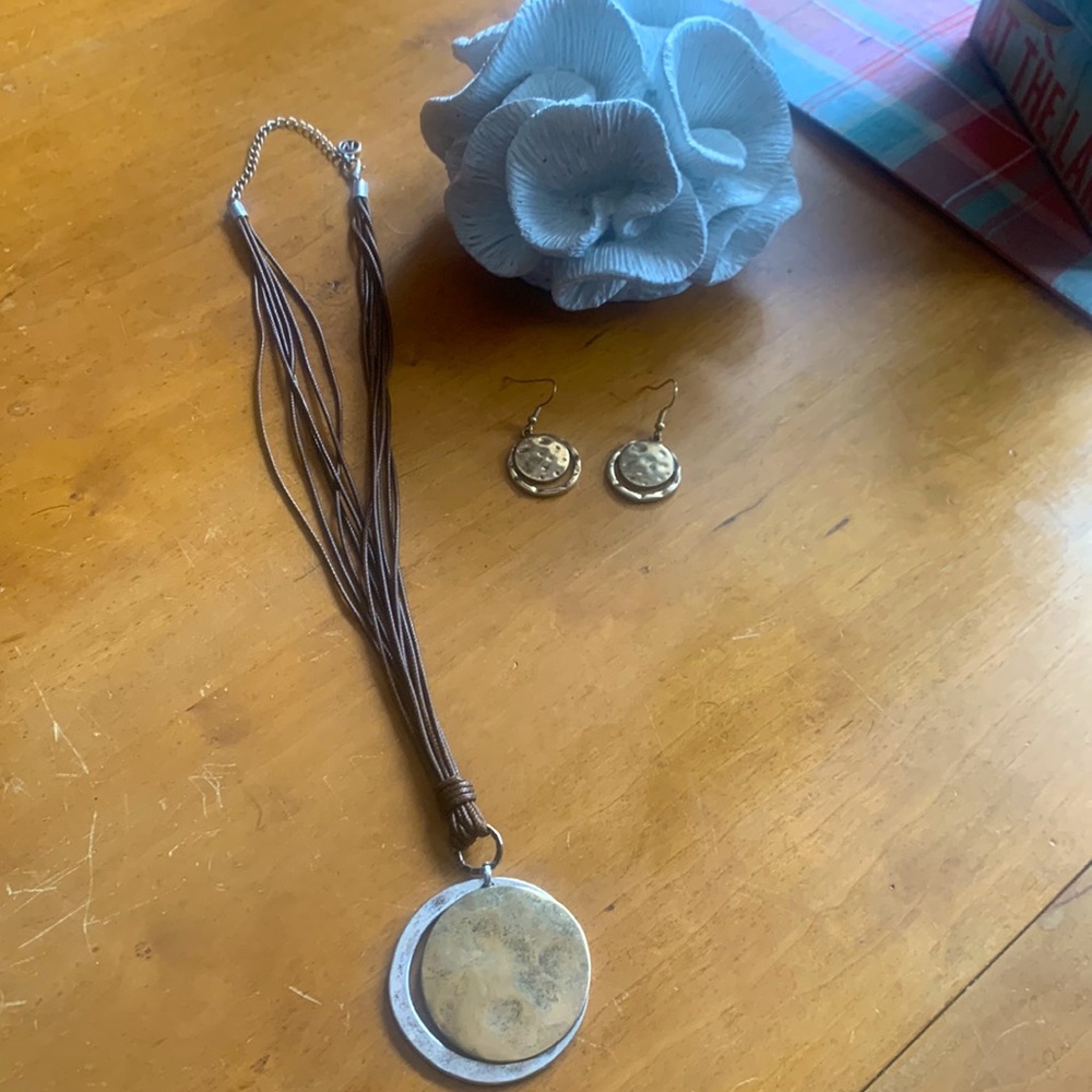 Hammered Metal necklace and earrings, 12”-13”with extender. Brown, Gold& Silver